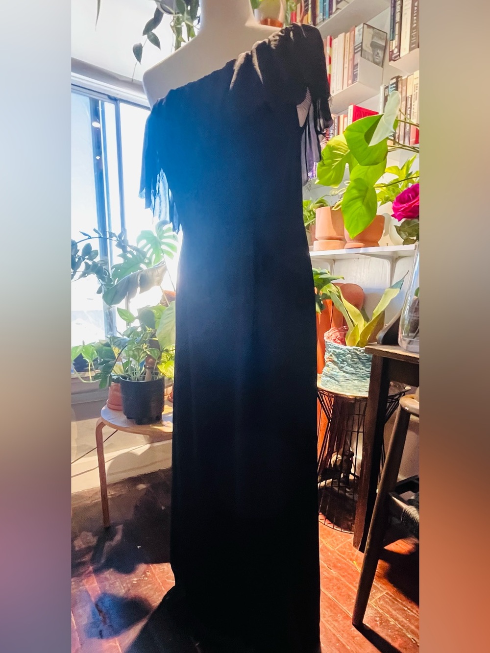 Vintage Rebecca Taylor Black Maxi Dress with Ruffles - One Shoulder Floor-Length